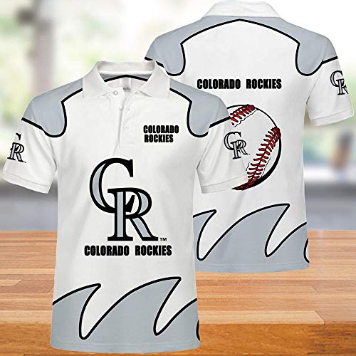 JKAINI MLB Polo De La Camiseta - Colorado Rockies 3D Impresión De La Manga Unisex Undershirt Verano Ocasional Corto Capucha Tops White + Grey-M