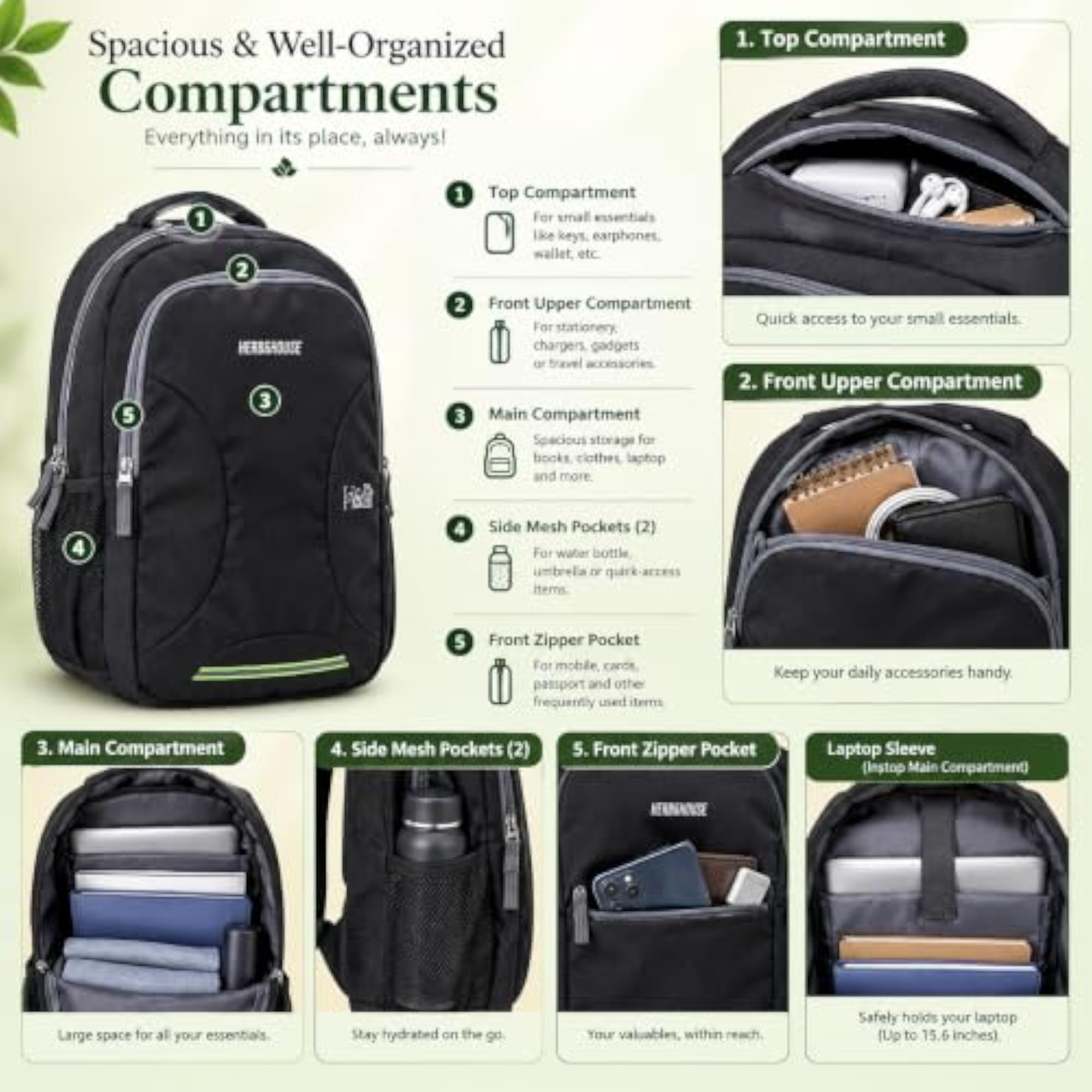 Herb & House Premium Black 35L Laptop Backpack