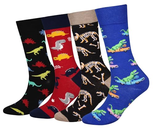 Cansok Mens 4 Packs Dinosaur Socks Gift Fun Crazy Novelty Dress Crew Socks (Dinosaur)