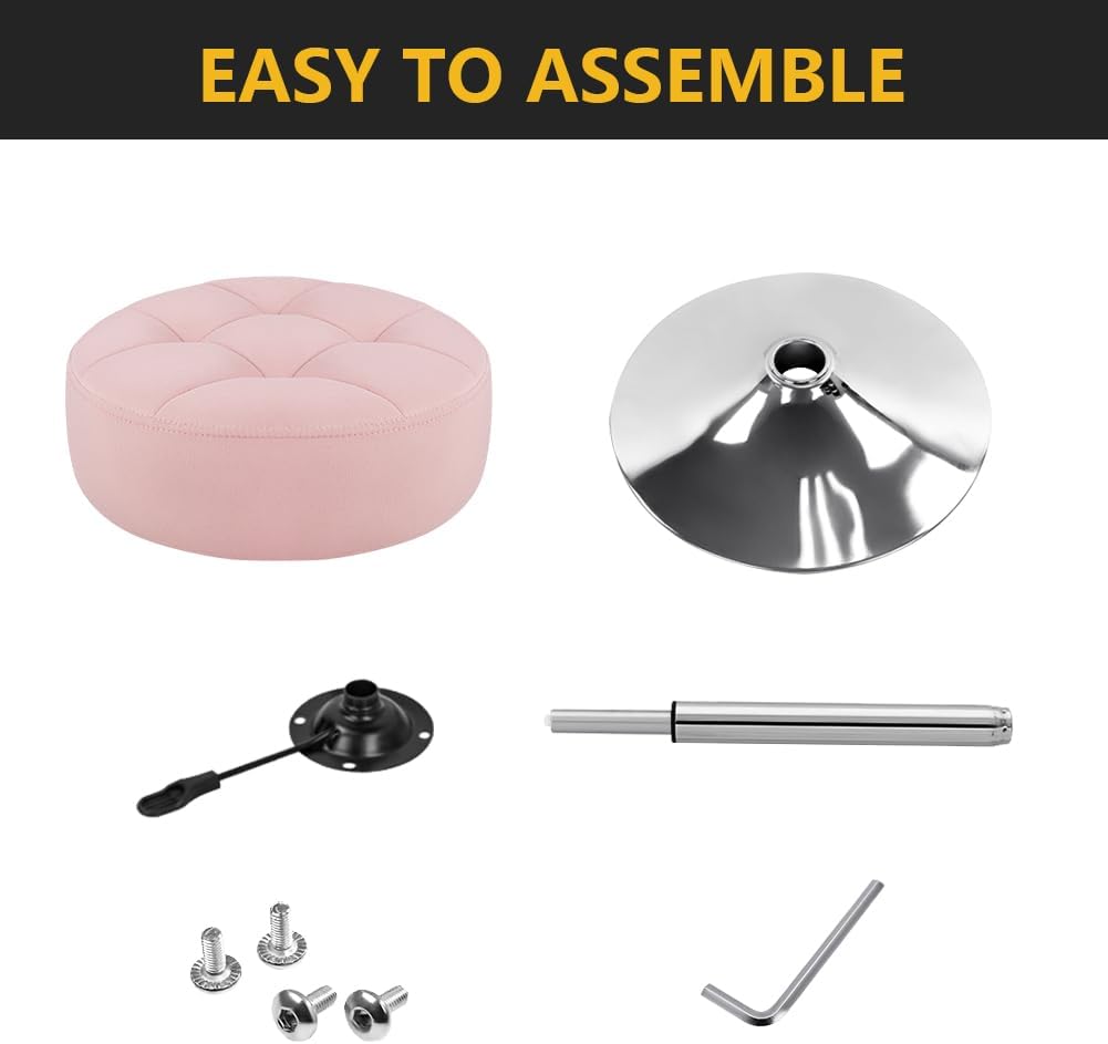 KKTONER Velvet Round Makeup Stool with Thick Cushion Height Adjustable Swivel Vanity Chair Non-Slip Base for Vanity Spa Salon Dressing Room Bedroom Small (Pink)