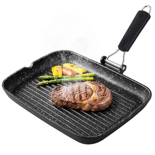 briebe Poêle à griller en titane noir avec rayures, Induction, Poêle à griller en titane antiadhésif, Aluminium moulé, Sans PFOA, Poignée pliable, Convient pour vitrocéramique, Gaz (34 x 24 cm)