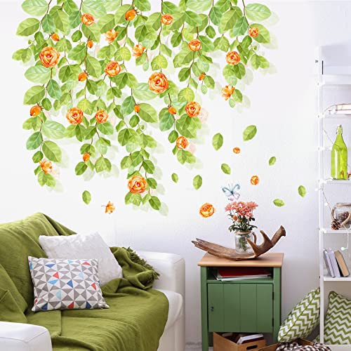 Green Leaves Wall Decals Hanging Vine Wall Sticker Orange Flower Wall Decal Plant Floral Wall Stickers Diy Peel And Stick Wall Stickers Waterproof Vinyl For Bedroom Nursery Decor #TOP18
