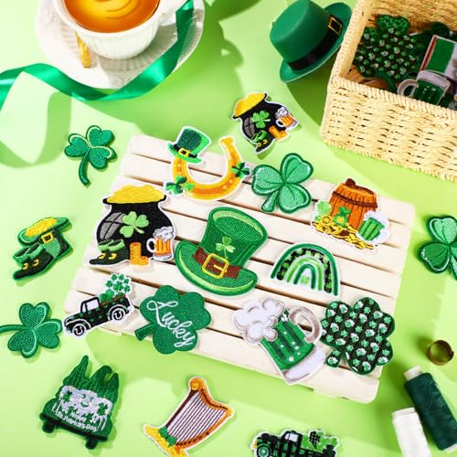 Hotop 48 Pcs St. Patrick's Day Theme Iron on Patches Irish Clover Applique Repair Patch Lucky Shamrock Sew on Patches Embroidered Patches for Jeans Jackets Clothes Backpack Cap DIY Crafts Sew Making by Hotop - Image 3