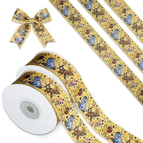 Winnie Ribbon 10 Yards Bear Ribbon for Baby Shower Birthday Decorations, Classic Grosgrain Ribbon (1 Roll - 0.9 Inch Wide, Winnie and Friends)