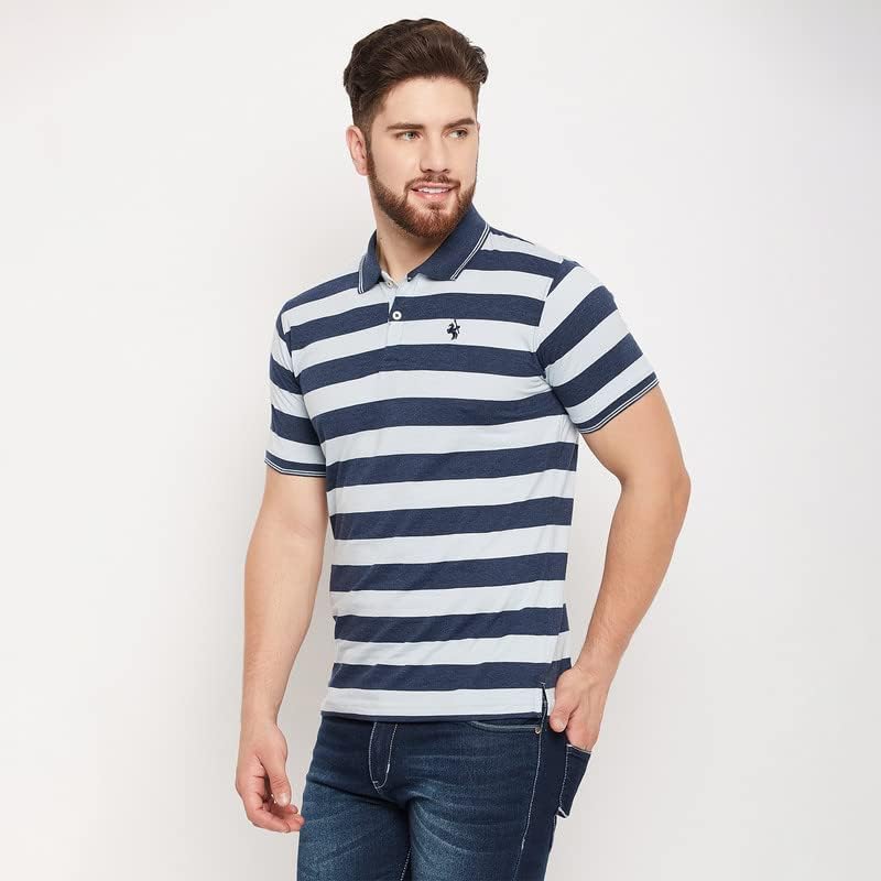 Image of Cantabil T-Shirt for Men l Breathable & Soft with Color Fastness Regular Fit Polo Neck Cotton Blend Fabric Striped Pattern