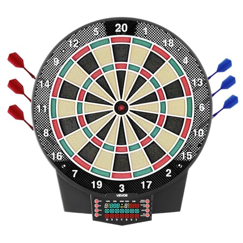 VEVOR Elektronische Dartscheibe, 393 mm E-Dartsboard mit 43 Spielen & über 320 Variationen für bis zu 8 Spieler, 6 Darts mit Flights & 50 Ersatz-Dartspitzen, Farb-LCD-Punkteanzeige