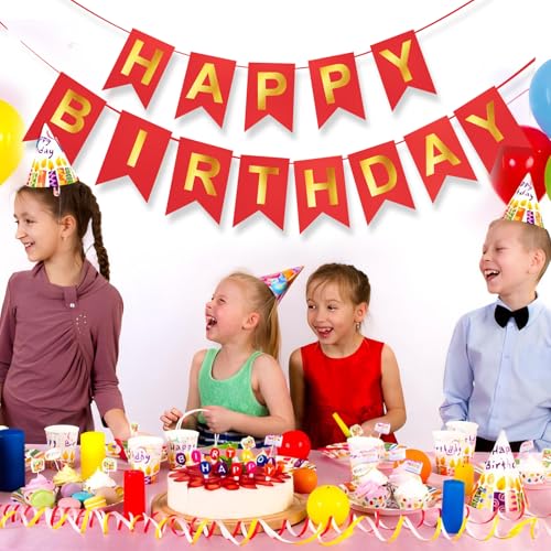 Image of Red Happy Birthday Banner - 16 ft Pre-Strung Gold & Red Birthday Party Decorations Sign for Girls, Boys, Kids, Women - No DIY Hanging Backdrop for Indoor & Outdoor Celebrations