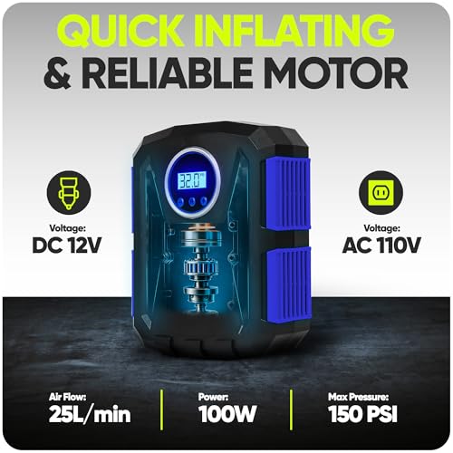 Image of FORTEM Tire Inflator Portable Air Compressor 150 PSI, 12V Electric Bike Pump for Car Tires and Bicycles with LED Light, Digital Tire Pressure Gauge w /Auto Shut Off, Carrying Case