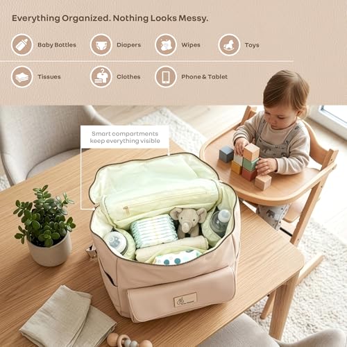 Image of R for Rabbit Caramello Bold Ivy Diaper Bag for Moms, Premium Vegan Leather with Insulated Bottle Pockets, 7 Compartments, Maternity Travel Backpack, 24 Litre Capacity (Ivory Beige)