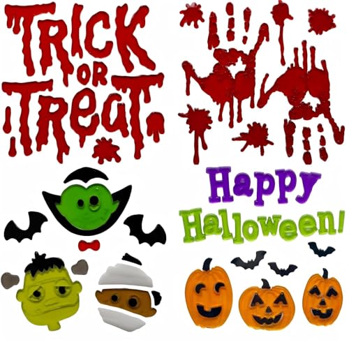 Gift&Fun 4Sheets Halloween Decorations-Halloween Gel Window clings Trick or Treat Design with Pumpkins Bats and ed andprints 7.97.9in