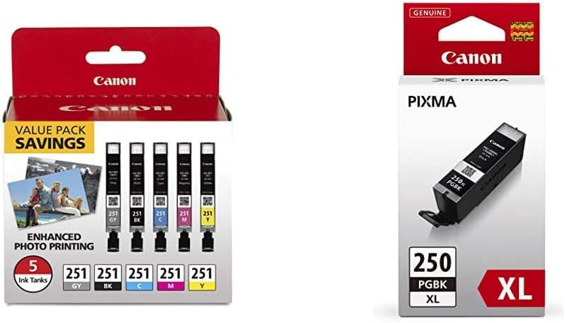 Canon CLI-251 BK/C/M/Y/GY 5 Color Value Pack Compatible to MG7520, MG5620, MG6620 & PGI-250XL High-Yield Black Ink Tank