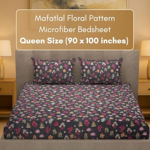Image of Mafatlal Luxe Lilac 140 GSM Soft Microfiber Double Bedsheet with 2 Pillow Cover for Queen Size Bed, 90x100 Inch - Black & Pink, Lightweight, Cozy & Durable