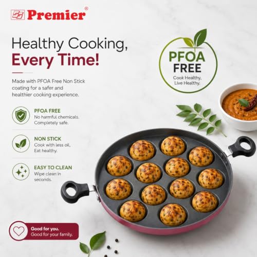 Image of PREMIER Non-Stick Paniyaram Pan 12 Cavity | Appam Maker | Appam Patra | Kuzhi Paniyaram Pan | Appe Pan | Paddu Pan | Gunta Ponganalu Pan | Die Cast Aluminium | Gas Stove | 1 Year Warranty