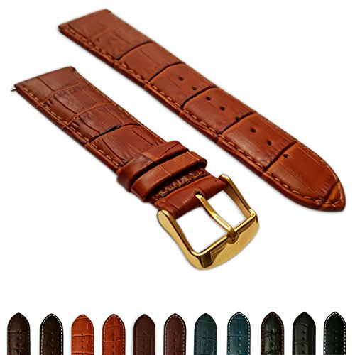 16mm Tan Genuine Leather Mock Croc Watch Strap Band Mens Crocodile Padded Gold Buckle