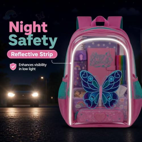 Image of WZLVO Kids Clear Backpack for Girls with Fluttering Wings, 16 inch Heavy Duty PVC Transparent Bookbag with Frame Reflective Strip, Cute See Through School Bags for Elementary Preschool - Butterfly Pink