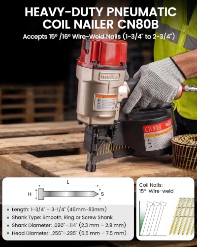 Image of meite CN80B Coil Nailer Pneumatic Nail Gun for 15 Degree 1-3 /4 inch to 3-1 /4 inch