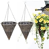 BINGOHM Cone Shaped Hanging Baskets,2Pcs Rattan Hanging Planter Baskets,Cone Hanging Haskets for Plants Outdoor with Chain Hook Conical Rattan Vertical Planter Basket with Plastic Film Liner