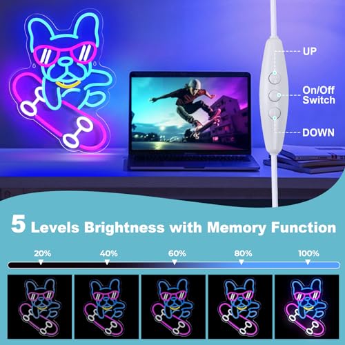 Dog Neon Sign Skateboard Neon Signs for Wall Decor, Dimmable, French Bulldog LED Neon Light Sign for Bedroom Decor,Living Room Pet Shop Bar Party Birthday Wedding Gifts for Boys(15.8”x12”)