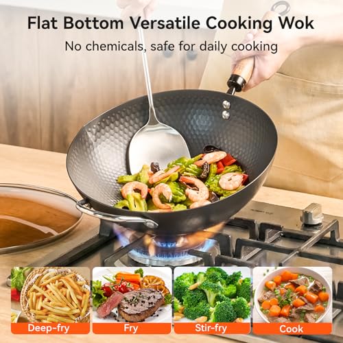 Image of WANGYUANJI Flat Bottom Wok Pan, 12.6 Inch Carbon Steel Stir Fry Pan with Lid, Uncoated Heavy Duty Iron Woks for Cooking, Compatible with Induction Gas Electric Stovetops, Deep Frying Skillet Cookware