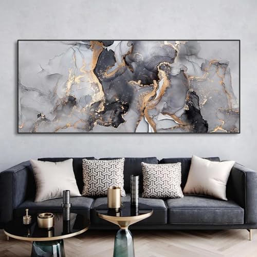 Art mural abstrait noir et or grand format 80x160cm : affiche moderne texture marbre salon
