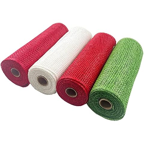 4 Rolls Christmas Poly Burlap Mesh 10 inches, 5 Yards Each,Green, Red, White Poly Burlap Deco mesh Rolls for Christmas Tree Decoration, Wreath Making,DIY Party Wrapping Craft Cover