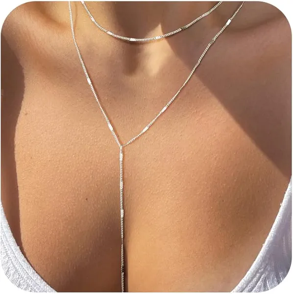 Pancert Gold Necklace for Women, Dainty Long Necklace 14k Gold Plated/Silver Y-Shaped Pendant Necklace Trendy Layered Cz Beaded Chain Lip chain Drop Necklaces for Women Gift Jewelry