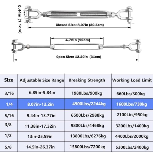 1/4 Inch Stainless Turnbuckle & Cable Kit - 4PCS M6 Jaw to Jaw Turnbuckles (1600lbs) + 25FT Aircraft Wire Rope with Clamps & Thimble for Shade Sail, Railing, Zipline, Lights miniatura 3