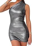 Famnbro Women's Metallic Dress Sleeveless One Shoulder Shiny Bodycon Sexy Club Mini Dresses