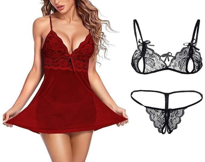 Image of SunFlux Women's Babydoll Nightwear, Babydoll Undergarments,Women's Honeymoon Dress, Women's Transparent Night Dress, Women's Nighty