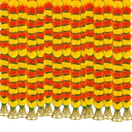 Image of Bindian Artificial Marigold Flower Toran 2.5 Ft Yellow Orange with Leaf & Bells | Decorative Bandanwar for Diwali, Pooja, Wedding, Festival, Home Entrance & Wall Decoration (Pack of 5)