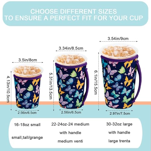 Image of KJQJLY 3 Pack Reusable Iced Coffee Sleeves for Iced Coffee Cups or Drinks Reusable Neoprene Insulated Sleeves for Hot and Cold Drinks from Starbucks, Dunkin, And More (Dark butterfly)