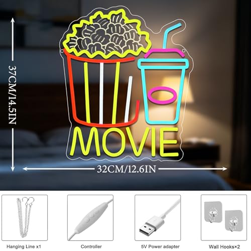 Image of Movie Neon Sign for Wall Decor, Movie Neon Light with Popcorn Drink, USB Dimmable Led Lights Signs for Film Room Cinema Game Room Man Cave Party