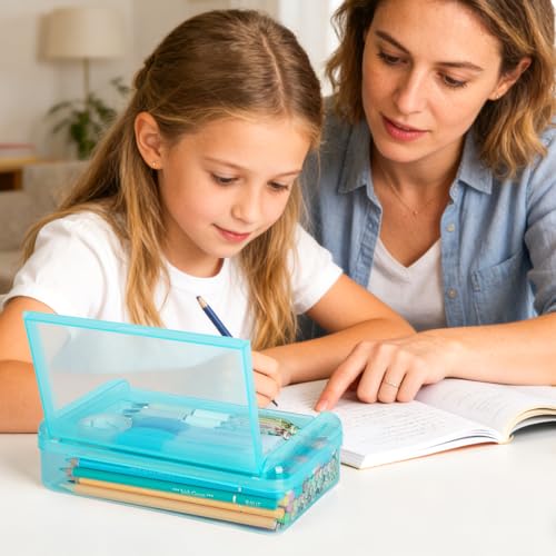 Image of Double Layer Plastic Clear Hard Pencil Cases Box with Personalized sticker | Colored Cute Pen Cases Box for School Office Supplies Marker Crayon Organizer Storage Box,Standard Size