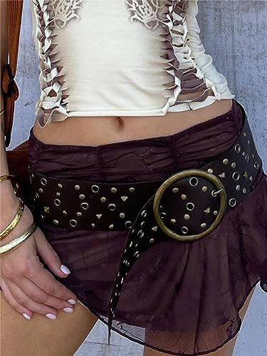 Alyweatry Women Boho Wide Disc Concho Leather Belt Aesthetic Grunge Western Waist Belt Y2k Vintage Accessories3