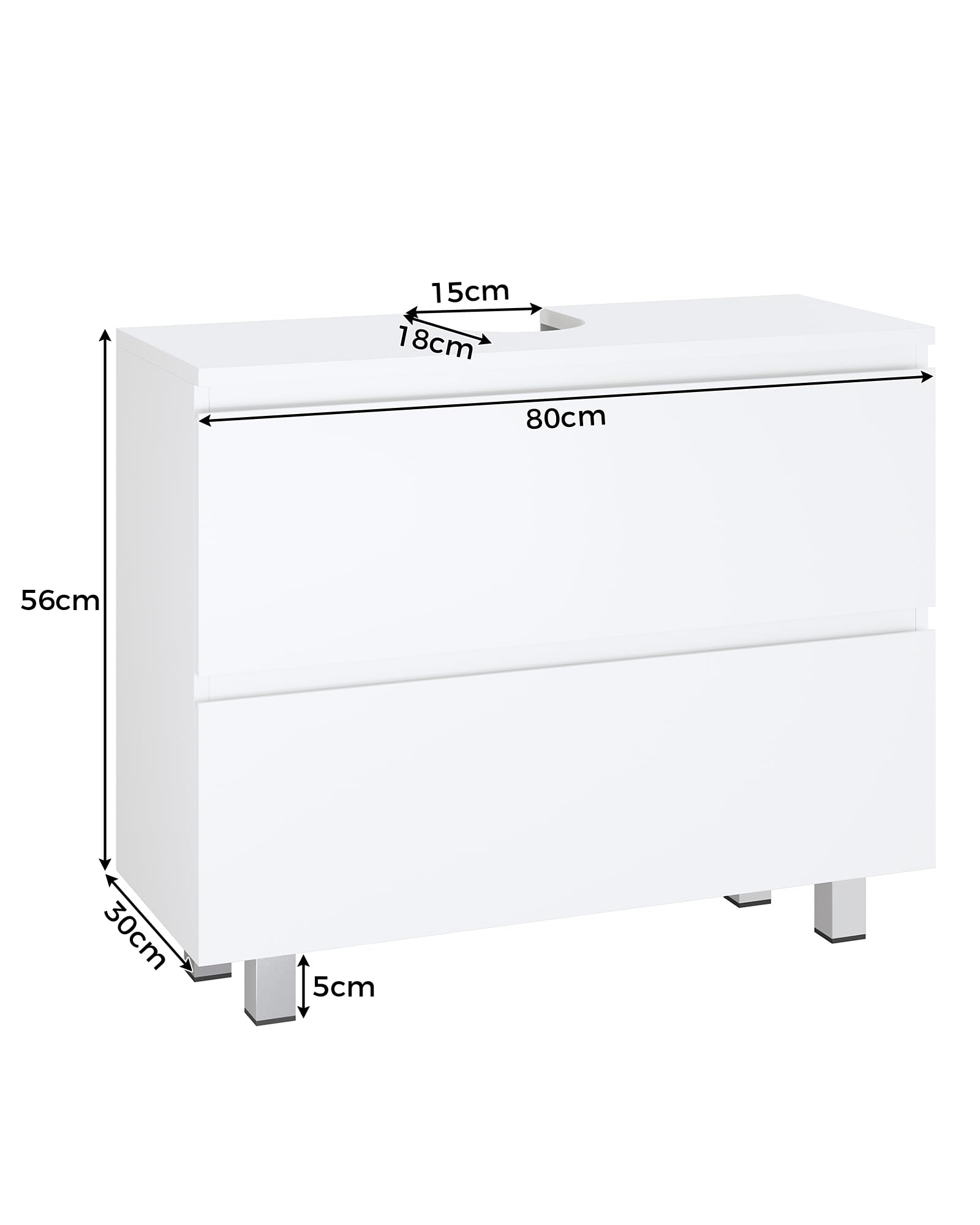 KIMENICH Waschbeckenunterschrank, Badezimmerschrank mit 2 Große Schubladen, Unterschrank Waschbecken mit Füßen, Viel Stauraum, 80 x 30 x 56 cm, Weiß