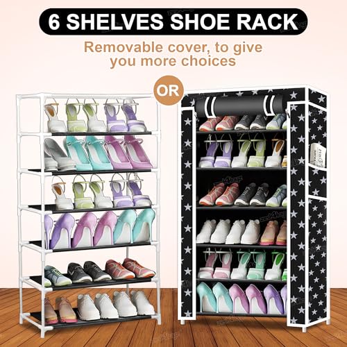 Image of Zest 4 Toyz Star Printed Shoe Rack with 6 Shelfs Zip Cover and Side Pocket Multipurpose Racks Shoe Organizer Cum Book Organizer Non Woven Fabric (Black)