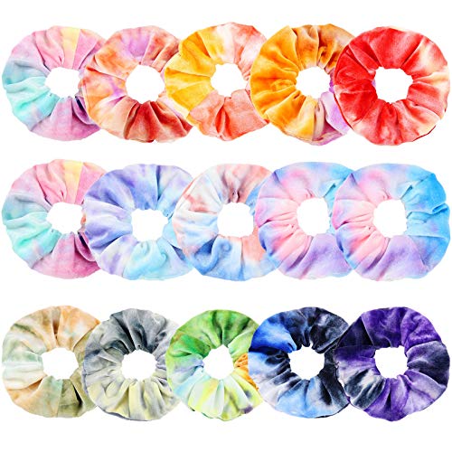 ZOCONE Tie Dye Scrunchies,15 PCS Velvet Scrunchies for Hair in Gradient Color,Soft Rainbow Scrunchies Ponytail Holder,Hair Accessories Elastic Hair Bands Scrunchy Hair Ties for Women Girls, Tie Dye Party Favors