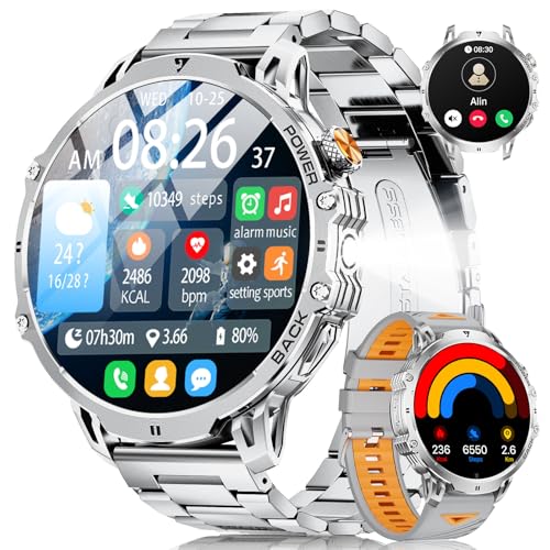 DREMAC Smartwatch Herren Militär-1.85'' HD Große Display/1000mAh Akku,Smartwatch mit Taschenlampe/110+ Sportmodi,IP68 Wasserdicht Fitness Tracker mit Puls/Schlafmonitor,Android iOS,2 Banders,Silber