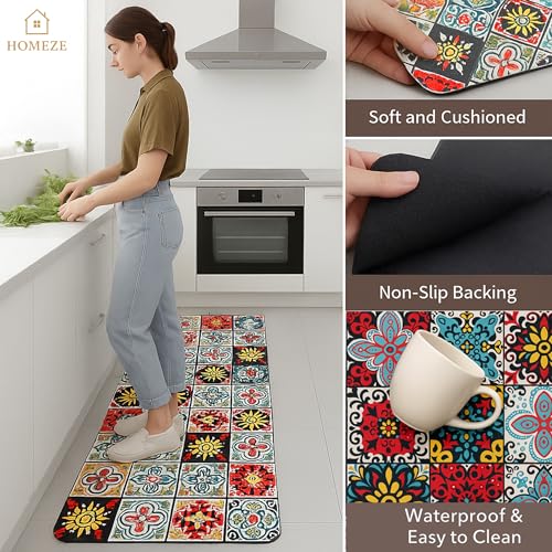 Image of HOMEZE Kitchen Mats for Floor Set of 2 | Non-Slip, Soft Absorbent Rugs with Rubber Backing | Washable Cushioned Anti-Fatigue Mats for Kitchen, Sink & Laundry (40x120 cm + 40x60 cm, Multi-Color)