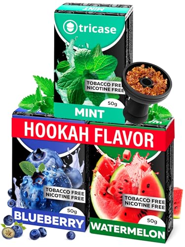 3 pcs Tobacco Free Shisha Hookah Favors Bundle 1.7 oz Each - Blueberry Watermelon Mint Hookah Shisha - Hooka Flavors Nicotine Free made from Tea Leaves with Organic Hooka Flavors