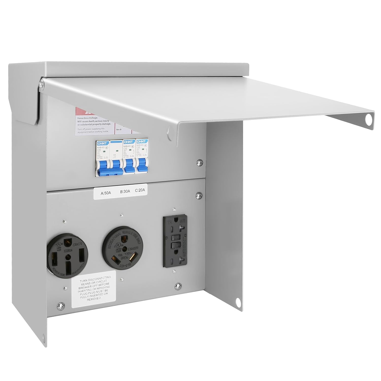 Temporary Power Outlet Panel,RV Electrical Panel Box 20 30 and 50-Amp Receptacle with Breaker Enclosed, Lockable and Weatherproof for RV Camper Travel Trailer Motorhome