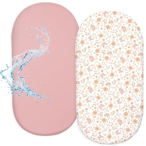 Image of FIOBEE Baby Bassinet Sheets for Girls Boys 2 Pack Waterproof Bassinet Mattress Elastic Fitted Crib Sheets Universal Fit for Hourglass Oval and Rectangle Bassinet Sheet, Pink