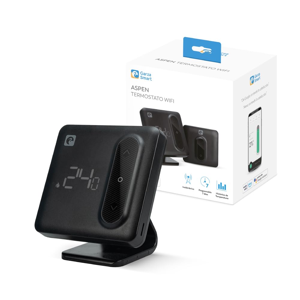 Garza - Termostato de 2 Hilos Wi-Fi Inteligente para Caldera y Calefacción, con Adaptador, Medidor Consumo, Control táctil, Detección Ventanas Abiertas, Control App y Voz, Alexa/Google, Negro