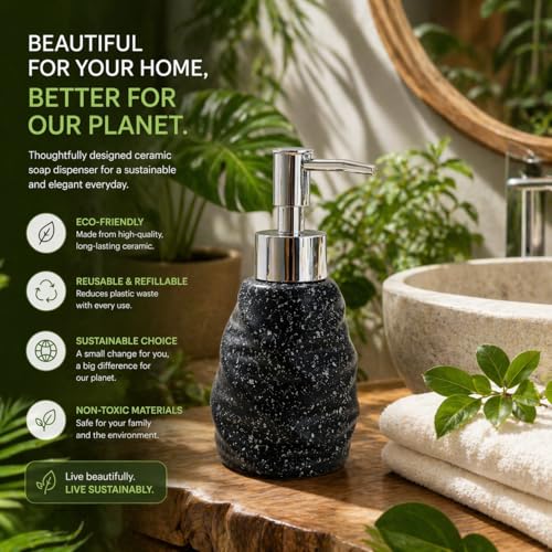 Image of Whizzo Premium Textured Ceramic Soap Dispenser for Bathroom & Kitchen | Refillable Lotion Dispenser with Chrome Pump | Modern Speckled Design | Durable, Stylish & Eco-Friendly (300ML, LD-214, Black)