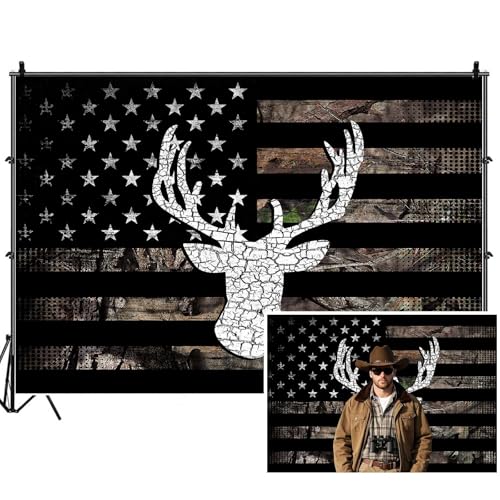 American Flag Hunting Backdrops for Photoshoot, Western Country Deer Rustic Camo Picture Party Decorations Wall Backdrop for Photography Decor Banner, Photographic Studio Photo Backgrounds 5X3 FT