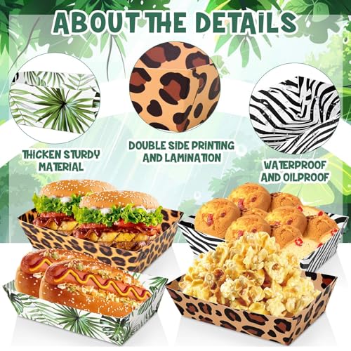 24 Pcs Jungle Safari Animal Party Paper Food Trays Disposable Snack Trays Zoo Theme Print Paper Serving Boats for Fries Nachos Burger Hot Dog Taco BBQ for Wild Animal Jungle Safari Party Decor