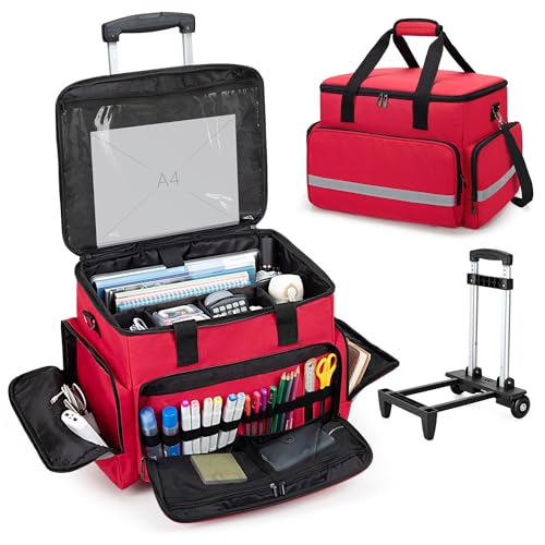 CURMIO Lehrertasche mit Rollen, Teacher Arbeitstasche Damen mit Gepolstertem Fach für bis zu 14” Laptop, Multifunktionale Schultrolley für Unterricht, Büro, Basteln (Nur Tasche), Rot CURMIO Lehrertasche mit Rollen, Teacher Arbeitstasche Damen mit Gepolstertem Fach für bis zu 14” Laptop, Multifunktionale Schultrolley für Unterricht, Büro, Basteln (Nur Tasche), Rot