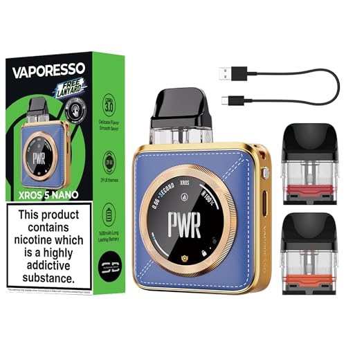 Vaporesso Xros 5 Nano Vape Kit [Blue Leatherette] - 2A Fast Charge 1600mAh Battery 30W 1.09 Touchscreen Airflow Control - Compatible with All Xros Pods - No Nicotine