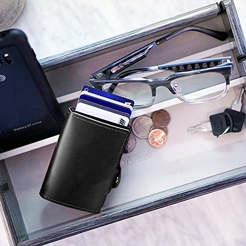 Dlife Credit Card Holder RFID Blocking Wallet Slim Wallet PU Leather Vintage Aluminum Business Card Holder Automatic Side Slide Trigger Card Case Wallet Security Travel Wallet (Black)4