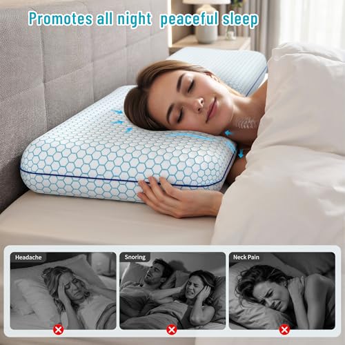 Image of CushyOasis Memory Foam Pillows for Side, Back and Stomach Sleepers, Set of 2, Bed Pillow with Washable Cover and Breathable Mesh, Bed Pillow for Sleeping (Blue，King Size)